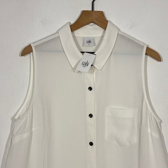 Cabi Button Up Blouse Top Wmns L White Collared Pocket Pleated Hem Old Money NWT - Picture 3 of 8